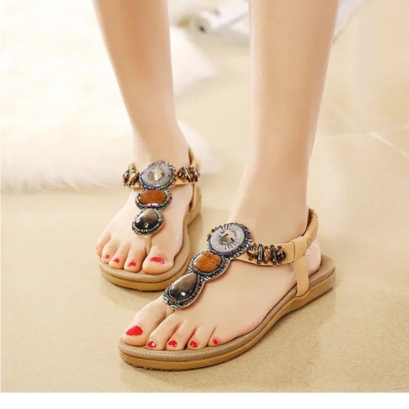 TIMETANG Plus Size 35-42 Sandals Women PU Flip Flops Casual Shoes Woman Beading Elastic Band Sandale Femme Fashion Flats