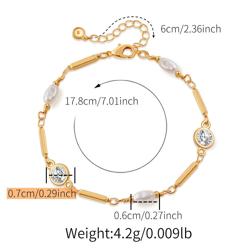 Copper Plating 18K Real Gold Color Retaining Inlaid Zircon Exquisite ABS Pearl Bracelet