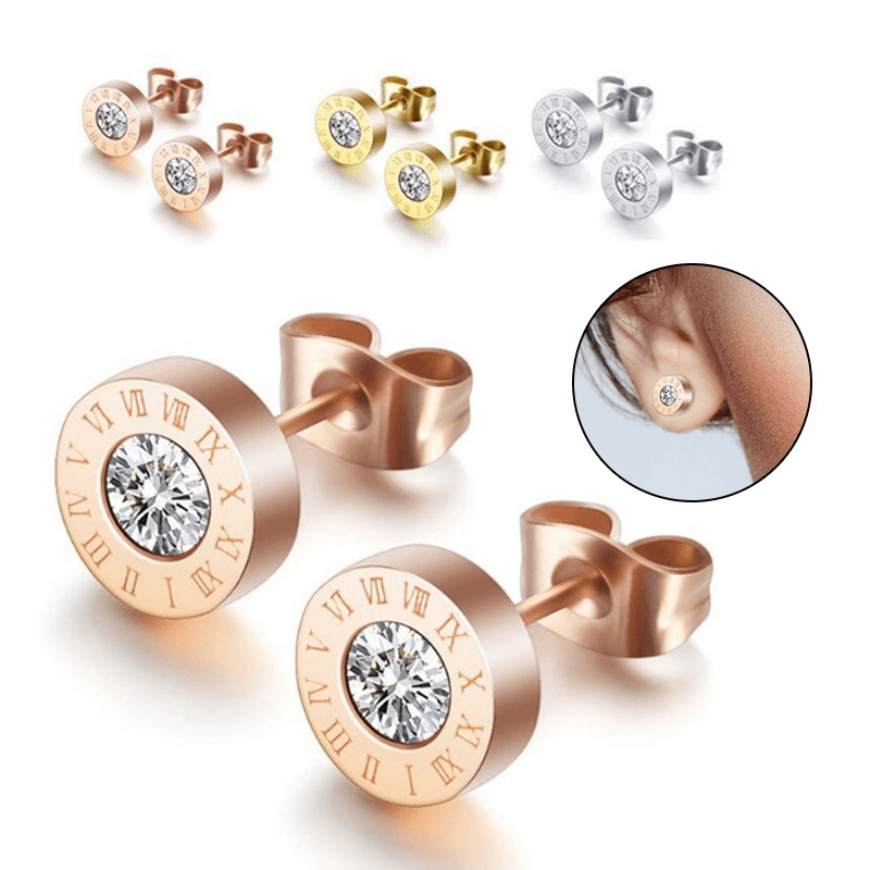 Chic Stainless Steel Roman Numeral Stud Earrings with Sparkling Zirconia - Rose Golden Plated, Perfect for Everyday & Party Wear