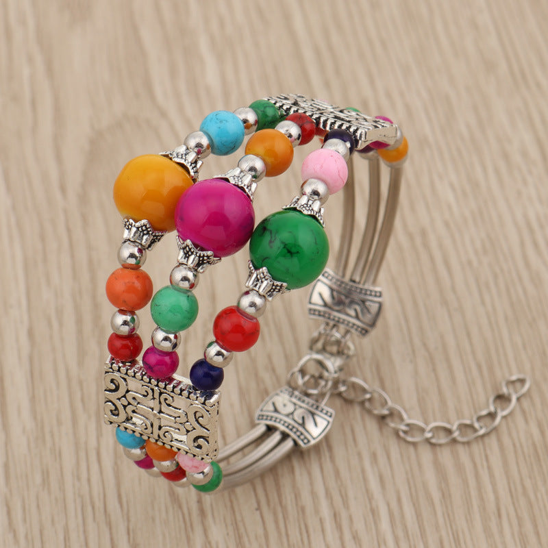 Tibetan Accessories Colorful Beads Wide Bangle Turquoise Bracelet