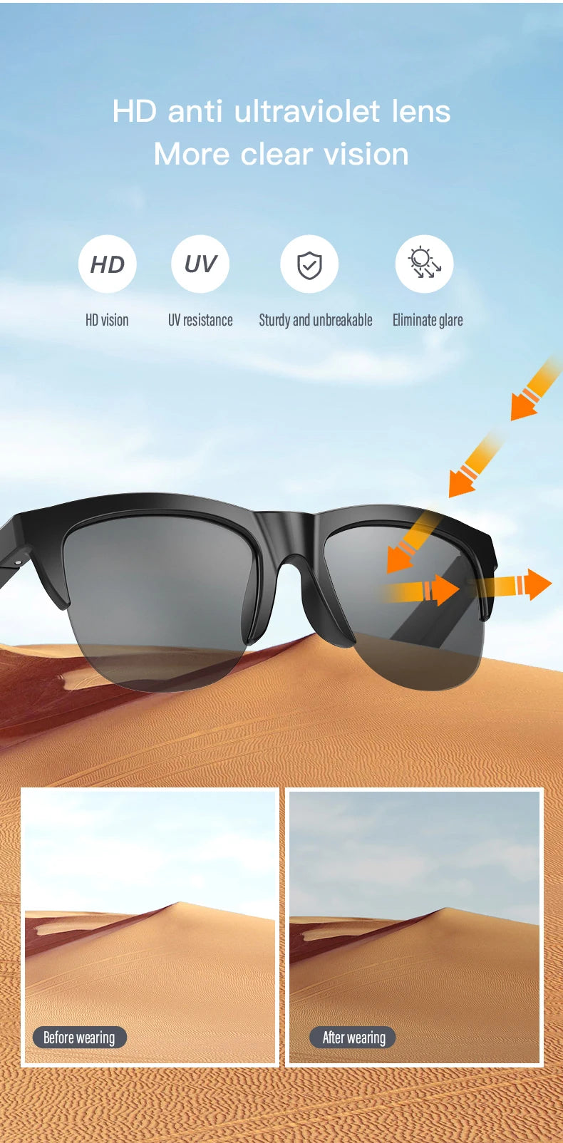 Touch Based Intelligent Bluetooth Glasses with Bone Conduction For Outdoor Sports Calls Sunglasses Business Wireless Headphones