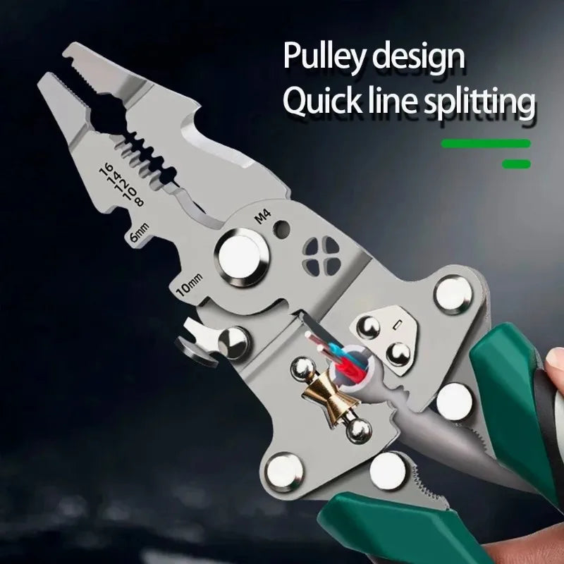 Foldable wire stripper, pulley design multi-function electrician wire splitter wire winding pliers crimping pliers hand tool