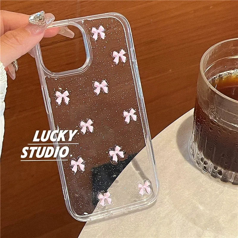 Cute Korea Girl Pink Bowknot Phone Case For iPhone 17 16 Pro 15 14 13 12 11 Pro Max 7 8 SE 2022 16E Clear Soft Shockproof Cover