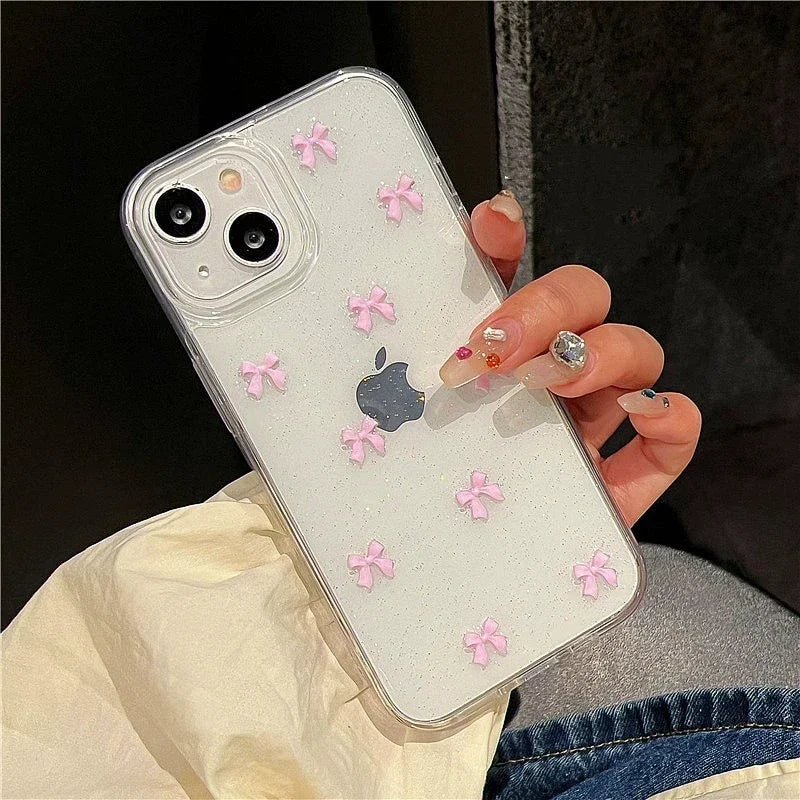 Cute Korea Girl Pink Bowknot Phone Case For iPhone 17 16 Pro 15 14 13 12 11 Pro Max 7 8 SE 2022 16E Clear Soft Shockproof Cover
