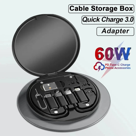 Câble de données USB Type-C multifonction PD 60 W, charge rapide, pour iPhone, Xiaomi, chargeur, boîte de rangement, adaptateur, carte, broche, boîte de voyage