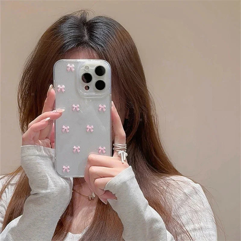 Cute Korea Girl Pink Bowknot Phone Case For iPhone 17 16 Pro 15 14 13 12 11 Pro Max 7 8 SE 2022 16E Clear Soft Shockproof Cover