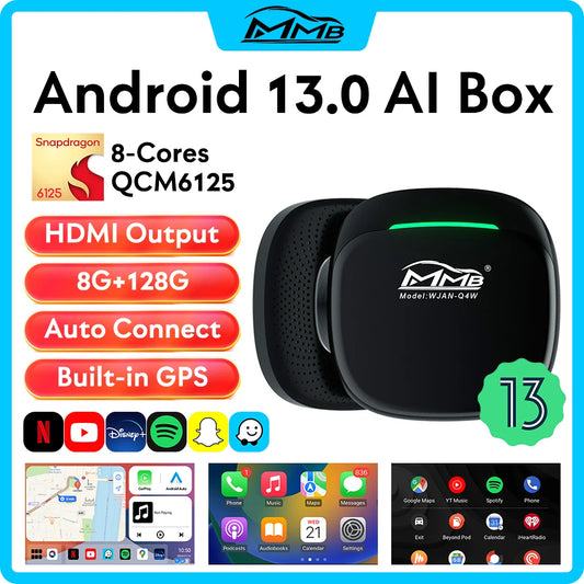 2025 MMB Max 4.0 Android13 Ultra Box QCM6125 8-Cores Wireless CarPlay Android Auto Ai Box 8+128G Auto Connection YouTube Netflix