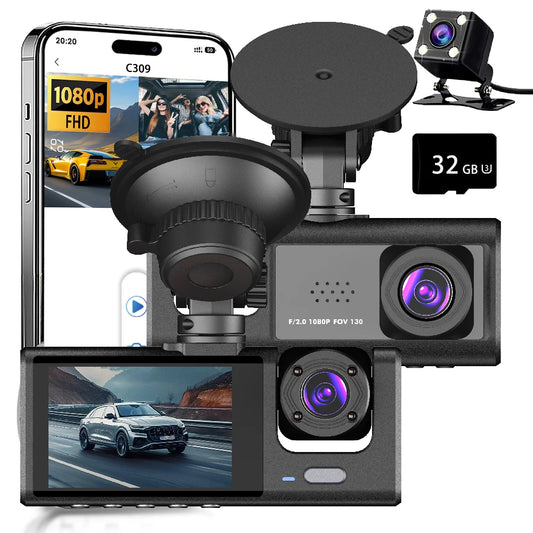 WiFi-enabled 3-lens dash cam that syncs footage straight to your phone — smart driving safety for the connected car.