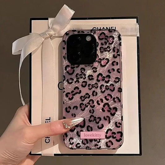 Coque de téléphone à imprimé léopard rose pour iPhone 16, 17, 15, 14 Pro Max, 13, 12, 11 Pro Max, 16e, 14 Plus, XS, XR, X17, Air, motif feuille d'aluminium