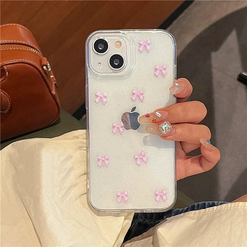 Cute Korea Girl Pink Bowknot Phone Case For iPhone 17 16 Pro 15 14 13 12 11 Pro Max 7 8 SE 2022 16E Clear Soft Shockproof Cover
