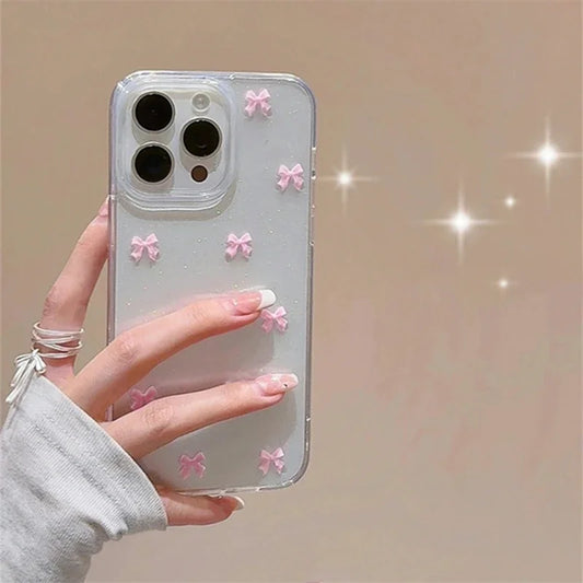 Cute Korea Girl Pink Bowknot Phone Case For iPhone 17 16 Pro 15 14 13 12 11 Pro Max 7 8 SE 2022 16E Clear Soft Shockproof Cover