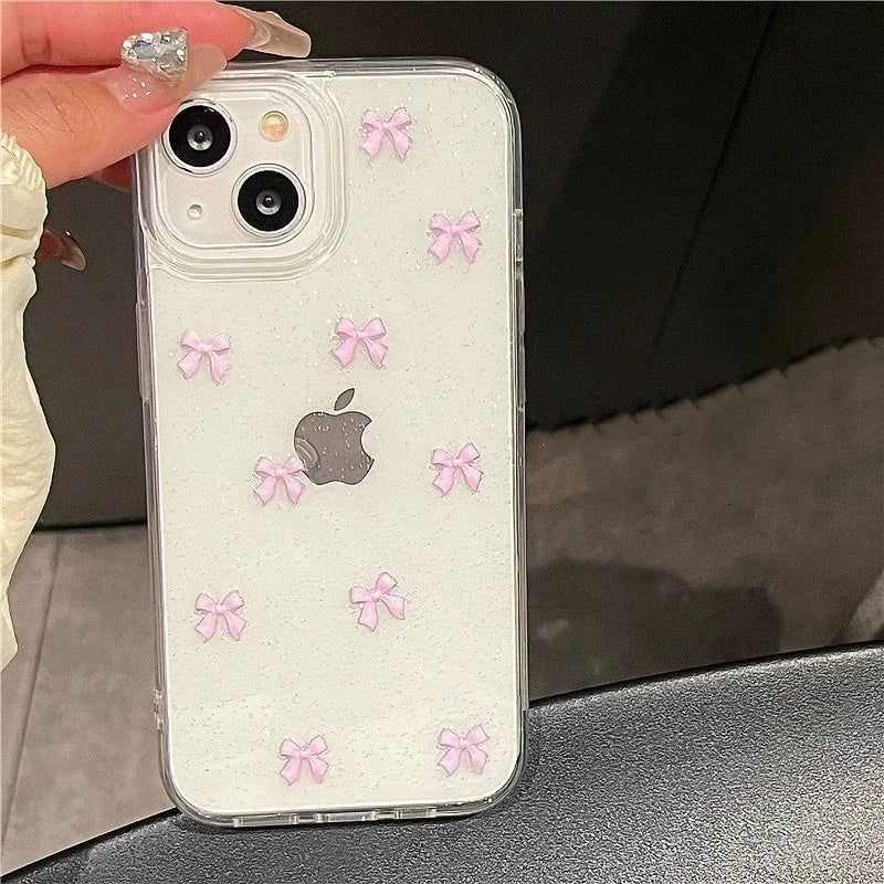 Cute Korea Girl Pink Bowknot Phone Case For iPhone 17 16 Pro 15 14 13 12 11 Pro Max 7 8 SE 2022 16E Clear Soft Shockproof Cover