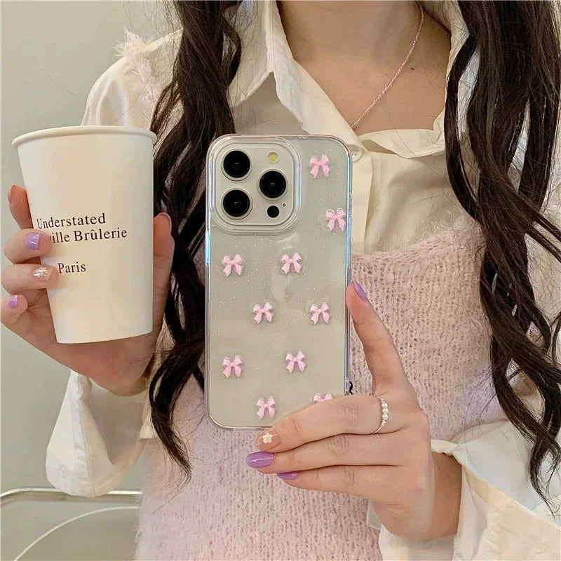 Cute Korea Girl Pink Bowknot Phone Case For iPhone 17 16 Pro 15 14 13 12 11 Pro Max 7 8 SE 2022 16E Clear Soft Shockproof Cover