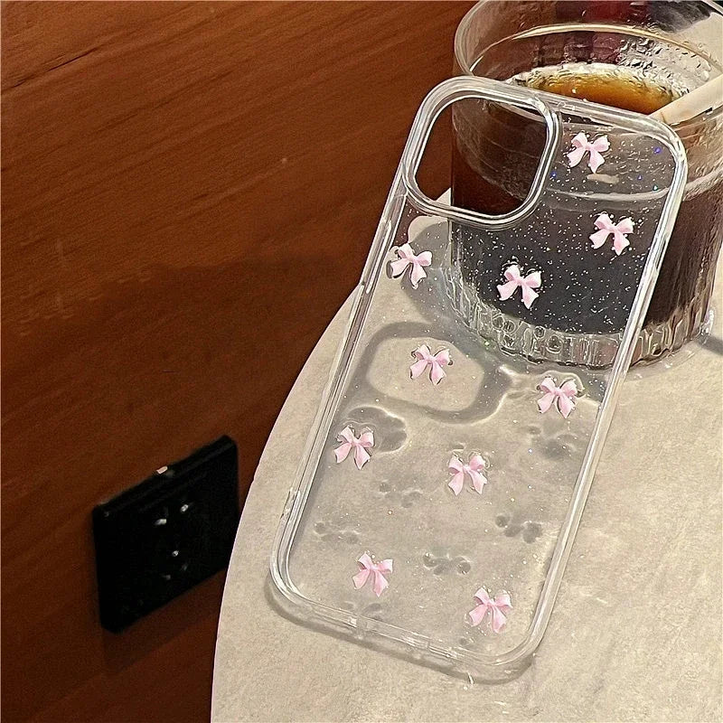 Cute Korea Girl Pink Bowknot Phone Case For iPhone 17 16 Pro 15 14 13 12 11 Pro Max 7 8 SE 2022 16E Clear Soft Shockproof Cover