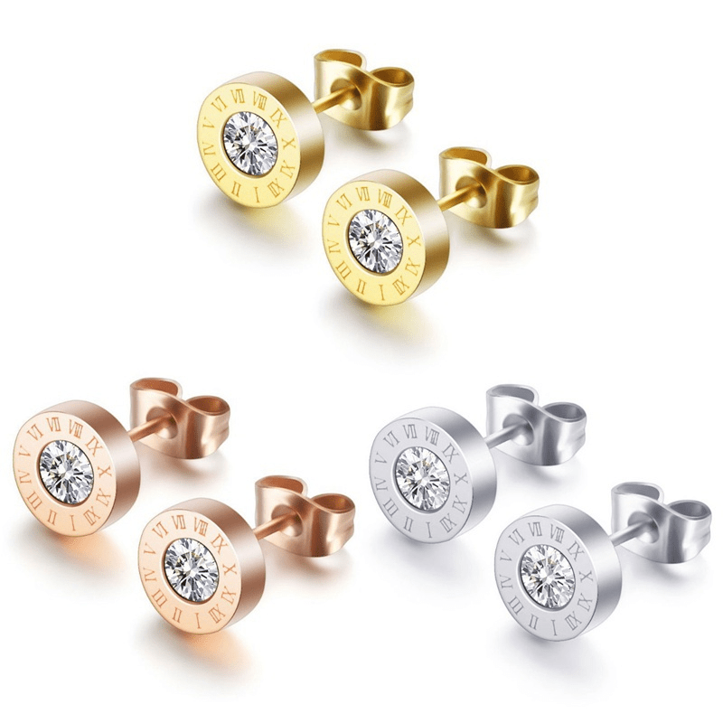 Chic Stainless Steel Roman Numeral Stud Earrings with Sparkling Zirconia - Rose Golden Plated, Perfect for Everyday & Party Wear
